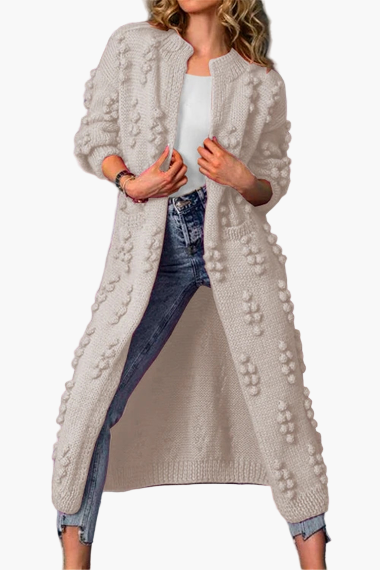 Women's Long Chunky Knit Cardigan with Pom Pom Detail - Casual Open Front Duster