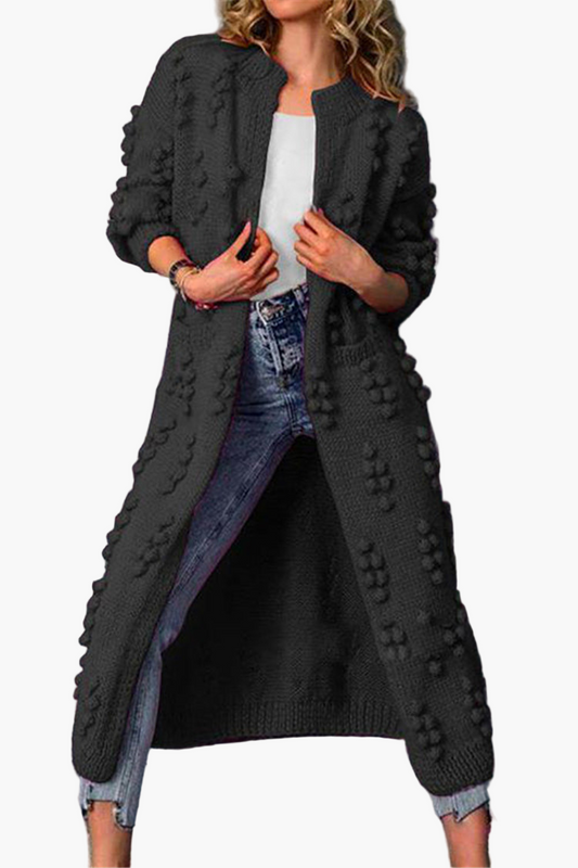 Women's Long Chunky Knit Cardigan with Pom Pom Detail - Casual Open Front Duster
