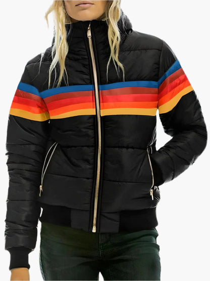 Women's Retro Rainbow Puffer Jacket – Stylish Warmth for Casual Wear
