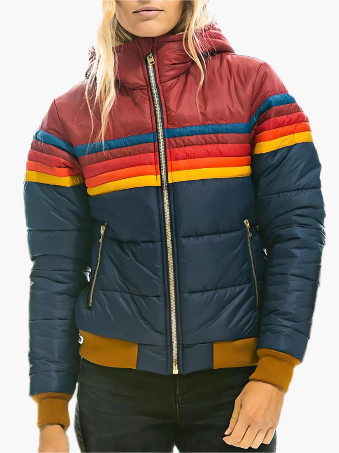 Women's Retro Rainbow Puffer Jacket – Stylish Warmth for Casual Wear
