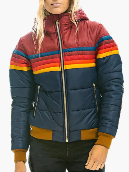 Women's Retro Rainbow Puffer Jacket – Stylish Warmth for Casual Wear