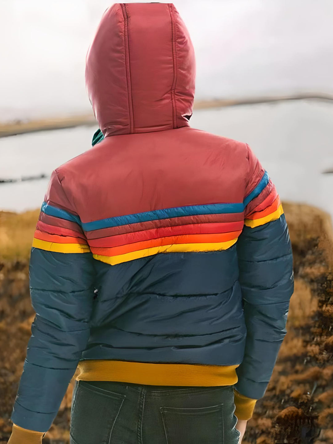 Women's Retro Rainbow Puffer Jacket – Stylish Warmth for Casual Wear
