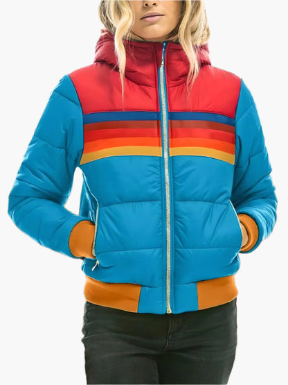 Women's Retro Rainbow Puffer Jacket – Stylish Warmth for Casual Wear