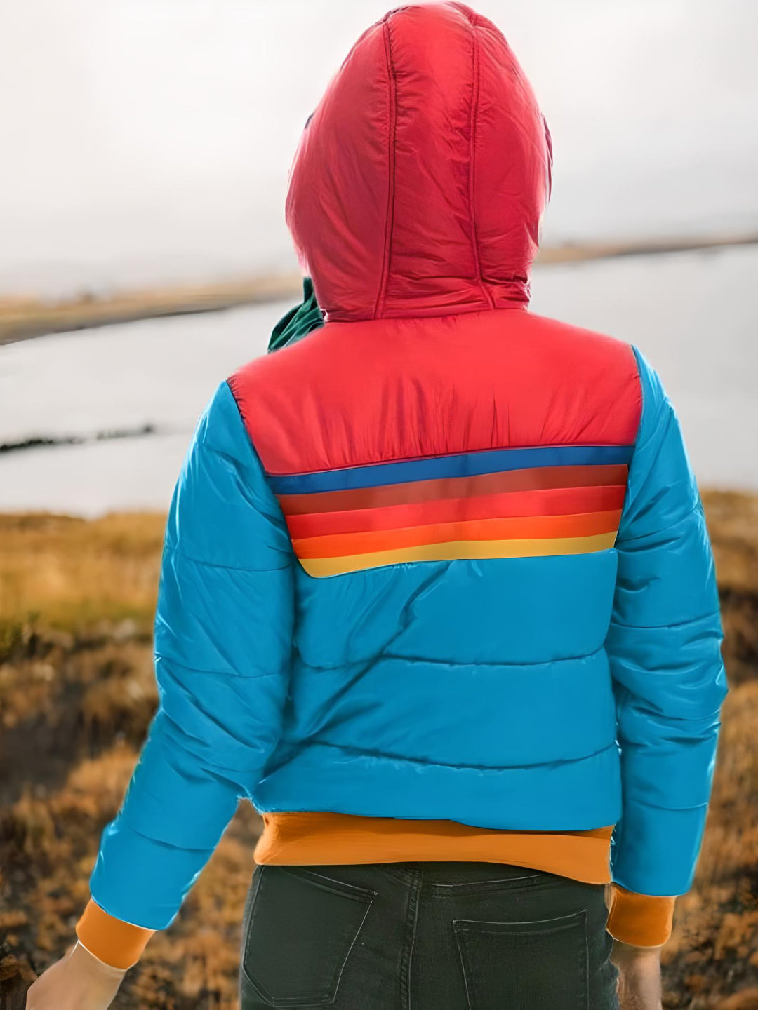 Women's Retro Rainbow Puffer Jacket – Stylish Warmth for Casual Wear