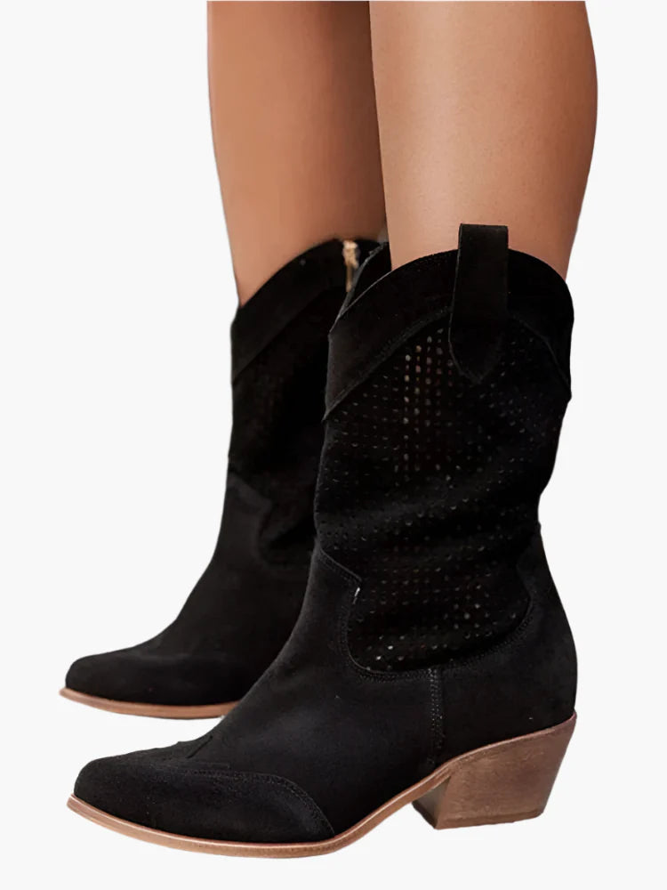 Women's Western Cowboy Boots with Zipper – Trendy Perforated Tall Boots for Casual and Stylish Looks