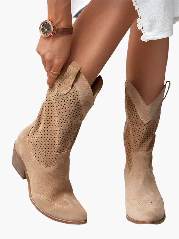 Women's Western Cowboy Boots with Zipper – Trendy Perforated Tall Boots for Casual and Stylish Looks