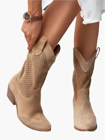 Women's Western Cowboy Boots with Zipper – Trendy Perforated Tall Boots for Casual and Stylish Looks