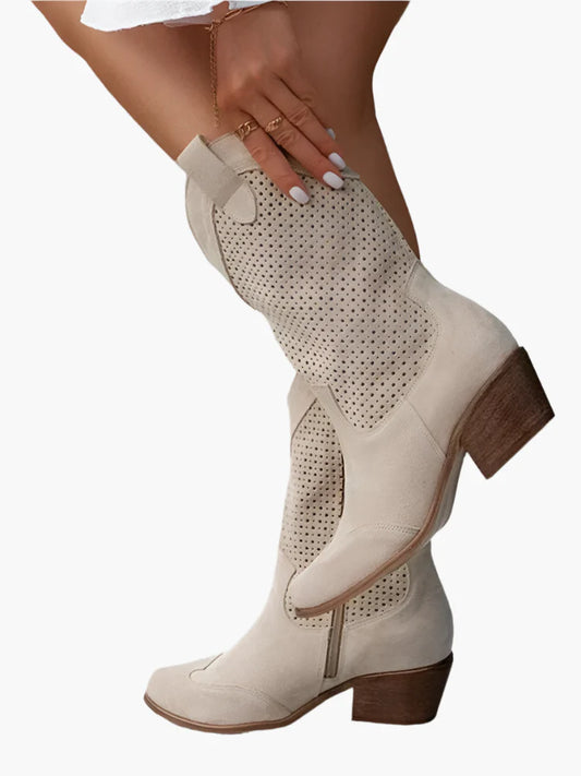 Women's Western Cowboy Boots with Zipper – Trendy Perforated Tall Boots for Casual and Stylish Looks