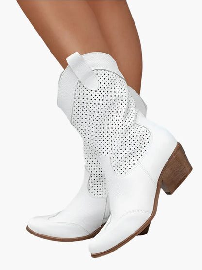 Women's Western Cowboy Boots with Zipper – Trendy Perforated Tall Boots for Casual and Stylish Looks