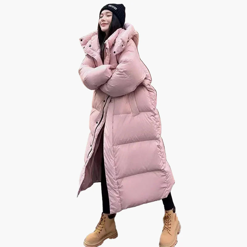 Women's Long Puffer Coat with Hood - Relaxed Fit, Windproof, Winter Outdoor Style