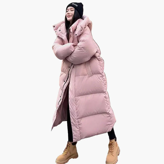 Women's Long Puffer Coat with Hood - Relaxed Fit, Windproof, Winter Outdoor Style