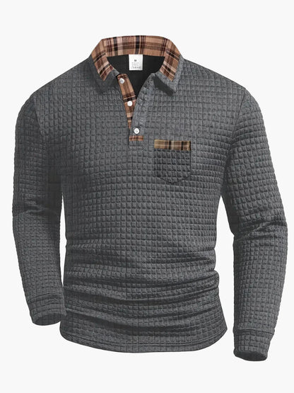 Men's Casual Long Sleeve Waffle Knit Polo Shirt with Plaid Collar - Versatile Everyday Top