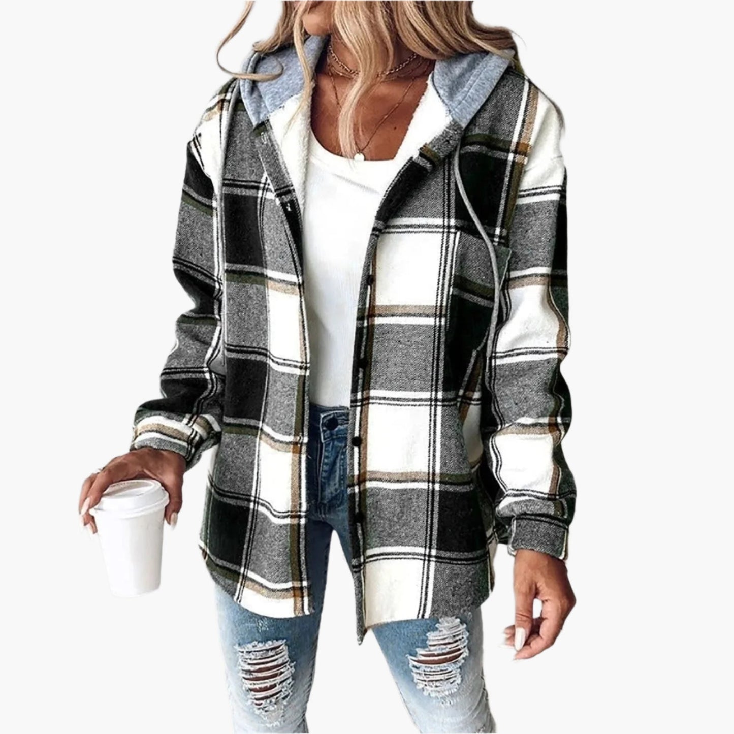 Women's Plaid Hooded Button-Up Shacket – Casual Fall Layering Jacket