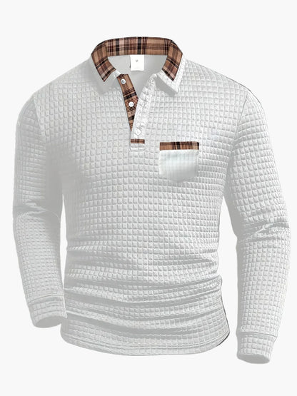 Men's Casual Long Sleeve Waffle Knit Polo Shirt with Plaid Collar - Versatile Everyday Top