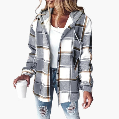 Women's Plaid Hooded Button-Up Shacket – Casual Fall Layering Jacket