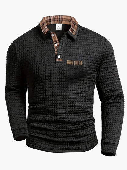 Men's Casual Long Sleeve Waffle Knit Polo Shirt with Plaid Collar - Versatile Everyday Top