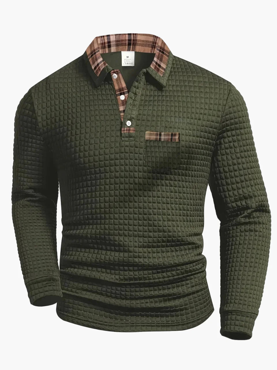 Men's Casual Long Sleeve Waffle Knit Polo Shirt with Plaid Collar - Versatile Everyday Top