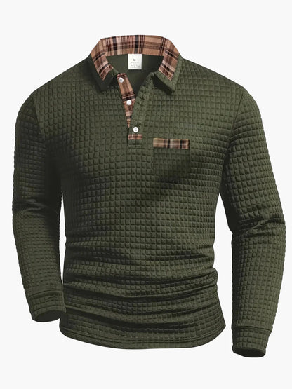 Men's Casual Long Sleeve Waffle Knit Polo Shirt with Plaid Collar - Versatile Everyday Top