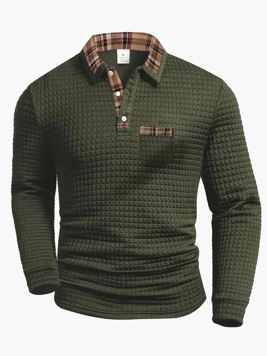 Men's Casual Long Sleeve Waffle Knit Polo Shirt with Plaid Collar - Versatile Everyday Top