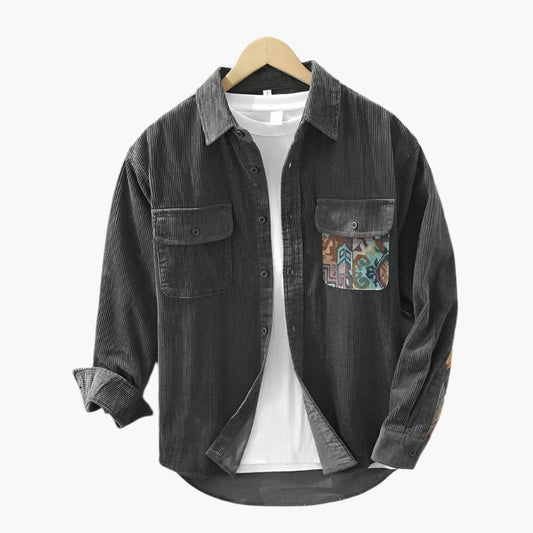 Men's Vintage Casual Corduroy Button-Up Shirt with Patterned Pocket – Streetwear Overshirt