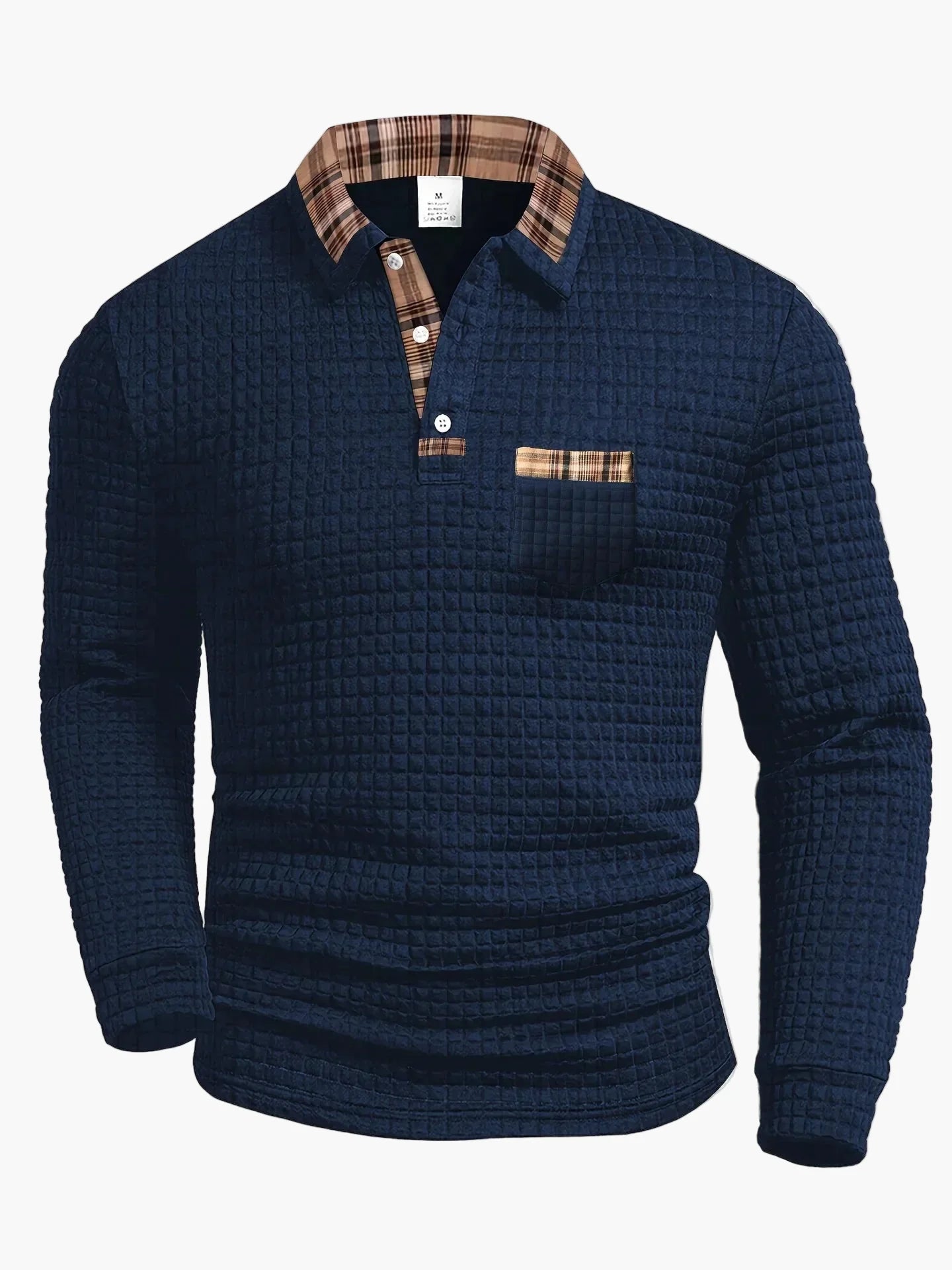 Men's Casual Long Sleeve Waffle Knit Polo Shirt with Plaid Collar - Versatile Everyday Top