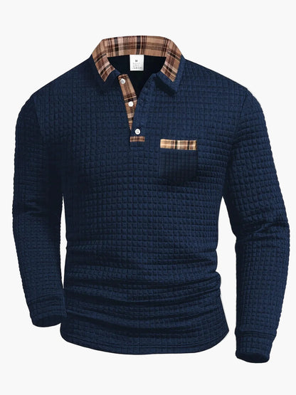 Men's Casual Long Sleeve Waffle Knit Polo Shirt with Plaid Collar - Versatile Everyday Top