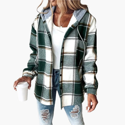 Women's Plaid Hooded Button-Up Shacket – Casual Fall Layering Jacket