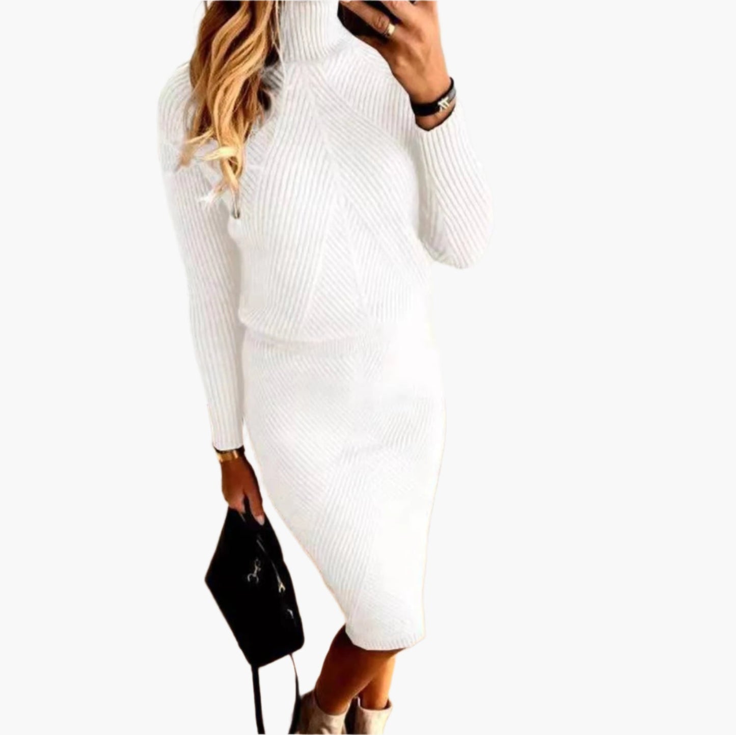Women's Ribbed Knit Sweater Skirt Set – Elegant Two-Piece Fall & Winter Outfit