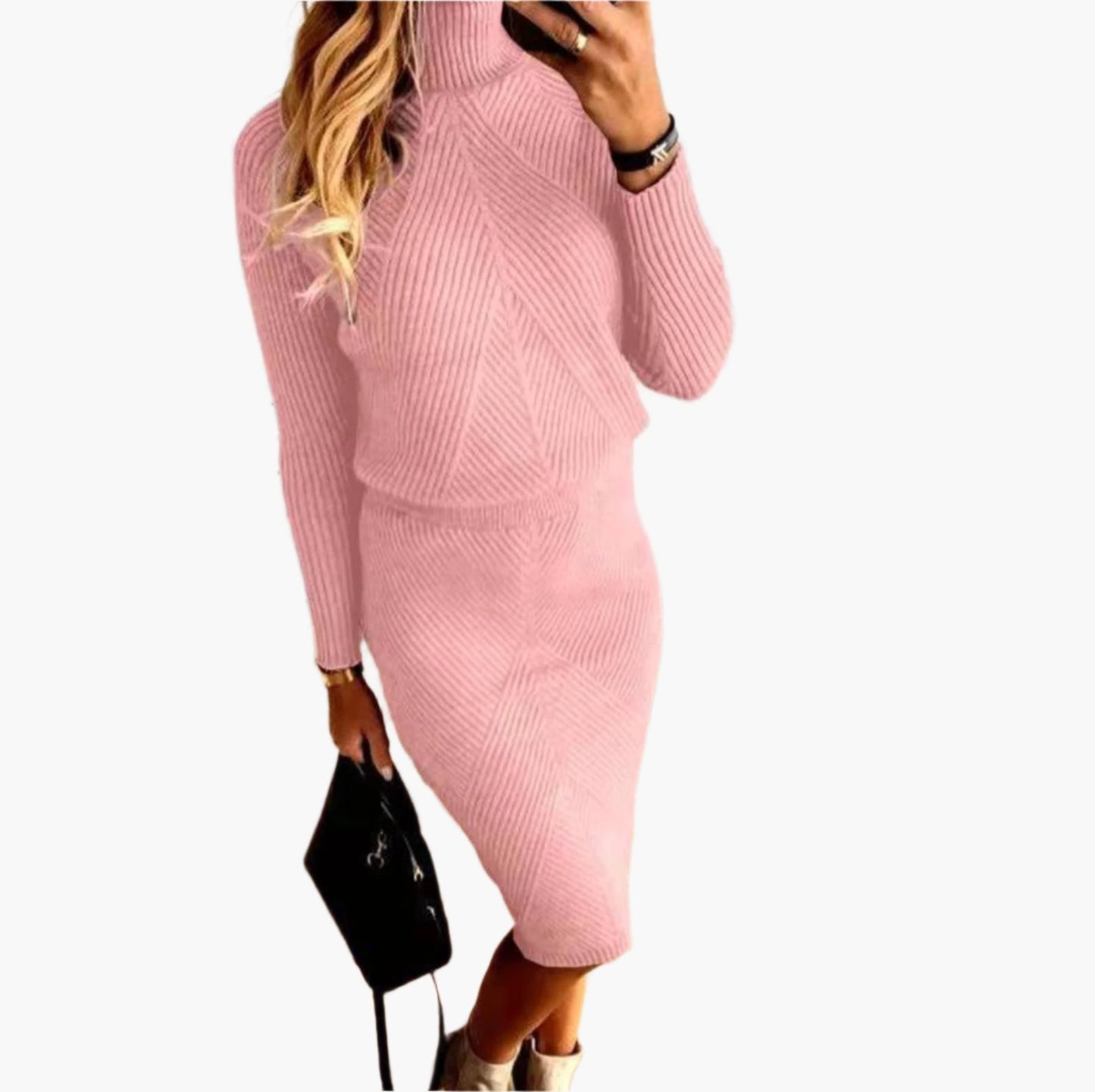 Women's Ribbed Knit Sweater Skirt Set – Elegant Two-Piece Fall & Winter Outfit