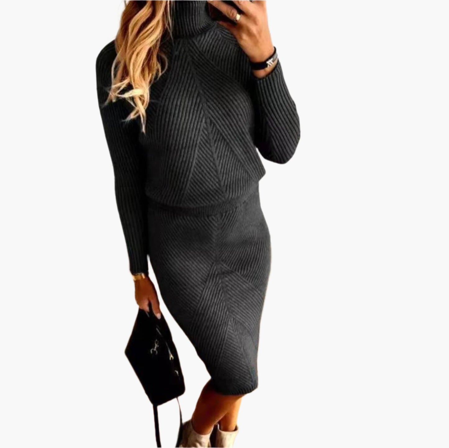 Women's Ribbed Knit Sweater Skirt Set – Elegant Two-Piece Fall & Winter Outfit