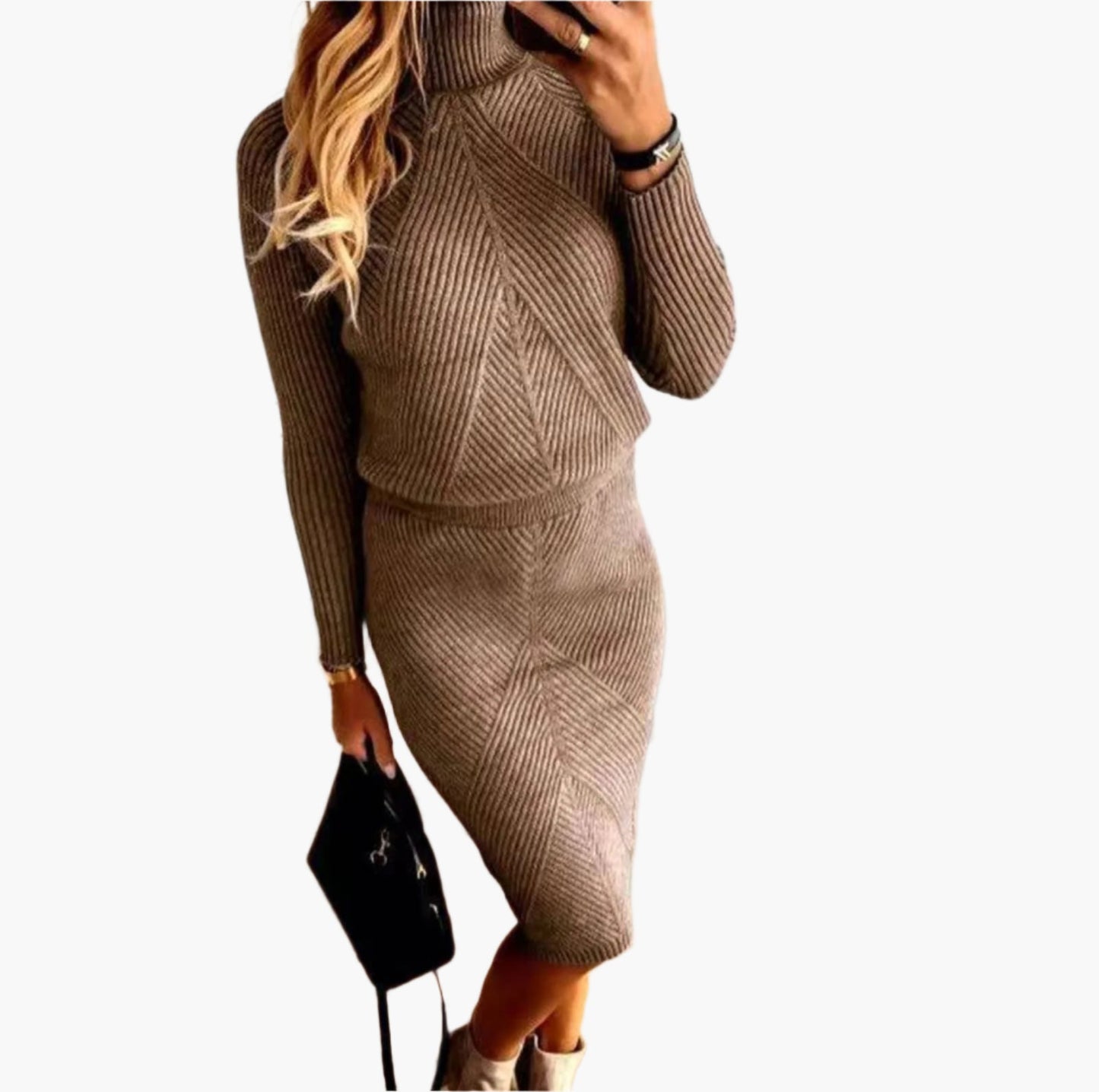 Women's Ribbed Knit Sweater Skirt Set – Elegant Two-Piece Fall & Winter Outfit