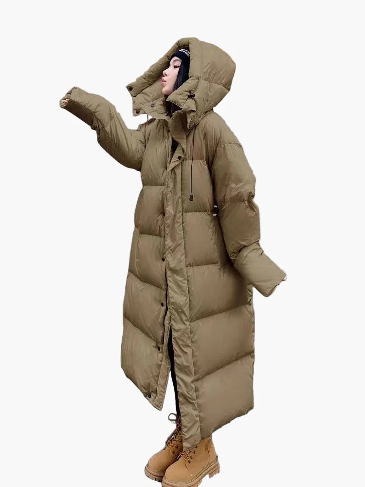 Women's Long Puffer Coat with Hood - Relaxed Fit, Windproof, Winter Outdoor Style