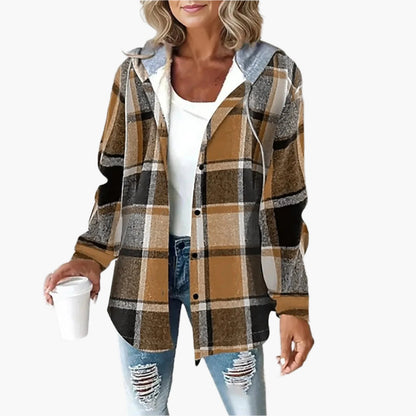 Women's Plaid Hooded Button-Up Shacket – Casual Fall Layering Jacket