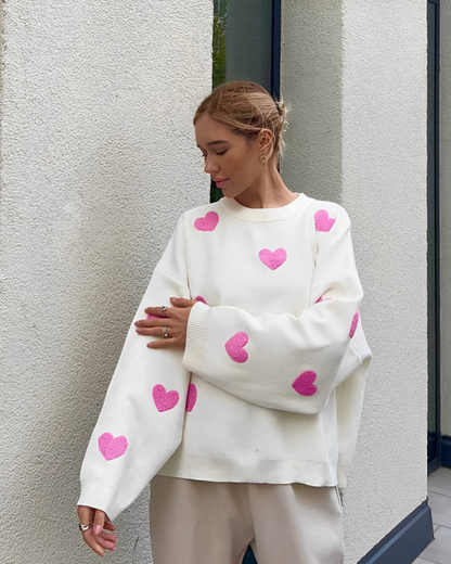 Women's Oversized Heart Print Cozy Lounge Sweater – Cute & Comfy Style