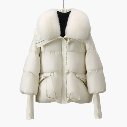 Women's Fashion Puffer Jacket with Faux Fur Collar and Long Sleeves – Winter Chic Outerwear