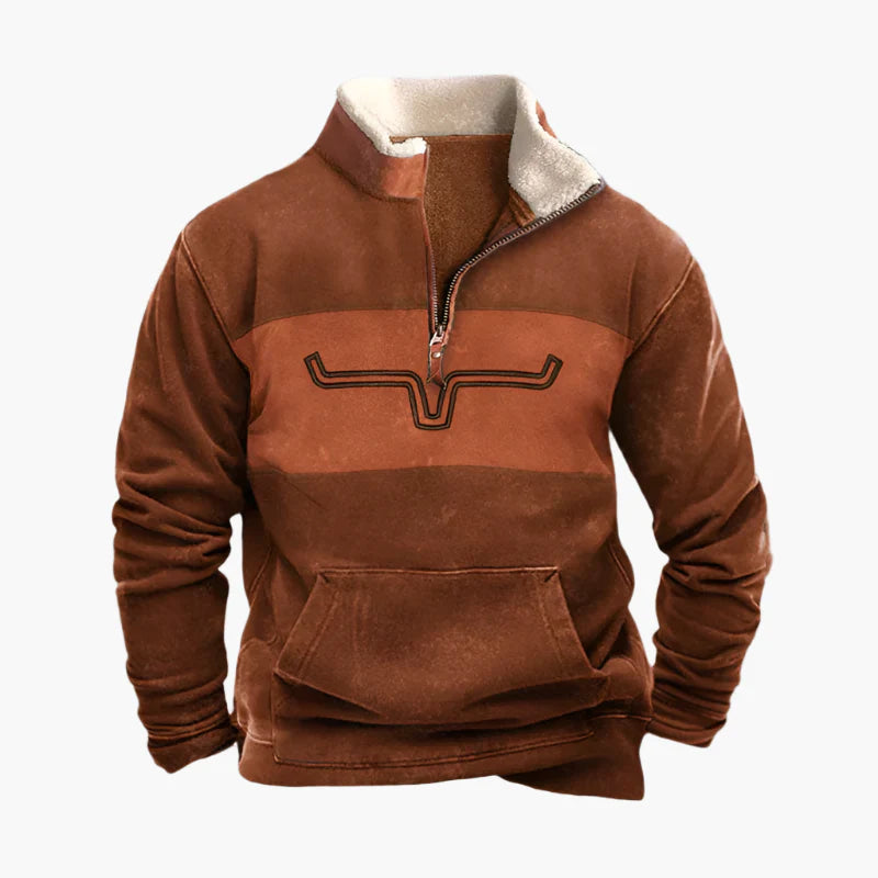 Men's Western Style Quarter-Zip Pullover Sweatshirt – Casual Vintage Patterned Sleeve