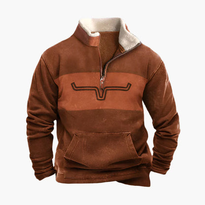 Men's Western Style Quarter-Zip Pullover Sweatshirt – Casual Vintage Patterned Sleeve