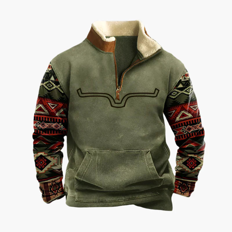 Men's Western Style Quarter-Zip Pullover Sweatshirt – Casual Vintage Patterned Sleeve