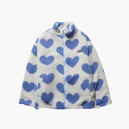 Women's Reversible Fluffy Hearts Full Zip Fleece Jacket – Cozy Casual Outerwear