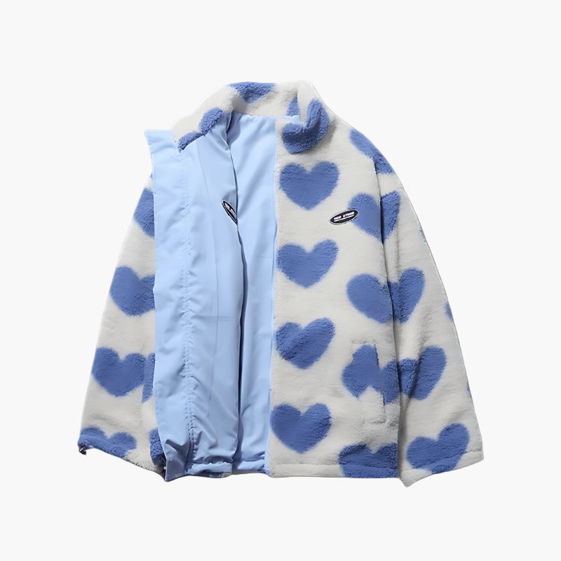 Women's Reversible Fluffy Hearts Full Zip Fleece Jacket – Cozy Casual Outerwear