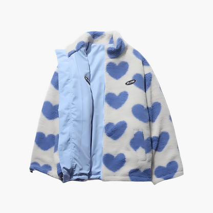 Women's Reversible Fluffy Hearts Full Zip Fleece Jacket – Cozy Casual Outerwear
