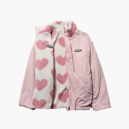 Women's Reversible Fluffy Hearts Full Zip Fleece Jacket – Cozy Casual Outerwear