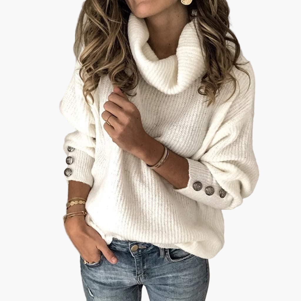 Women's Relaxed Turtleneck Pullover with Button Sleeve Detail – Casual Chic Sweater