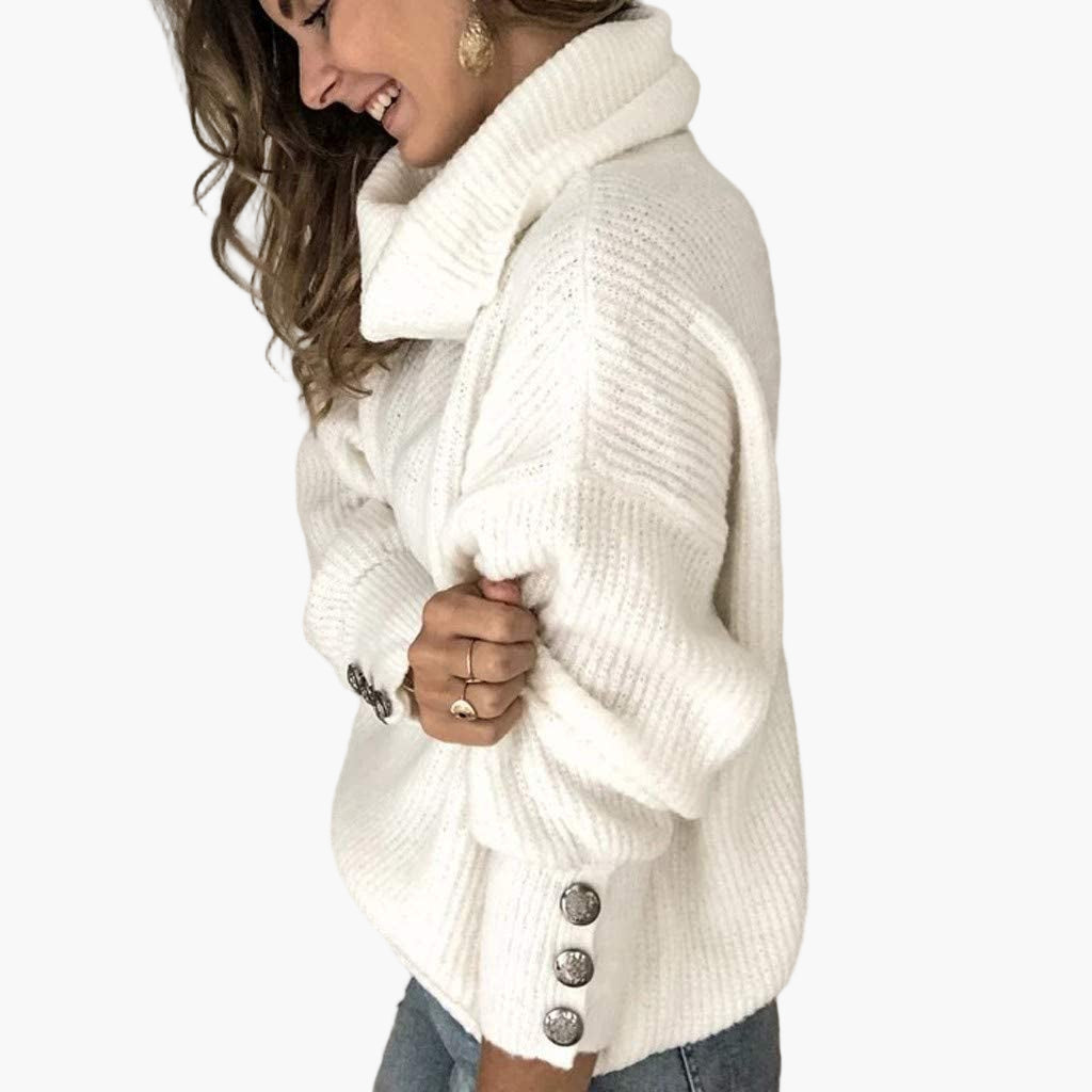 Women's Relaxed Turtleneck Pullover with Button Sleeve Detail – Casual Chic Sweater