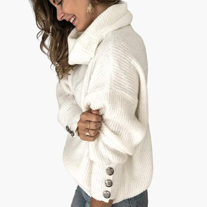 Women's Relaxed Turtleneck Pullover with Button Sleeve Detail – Casual Chic Sweater