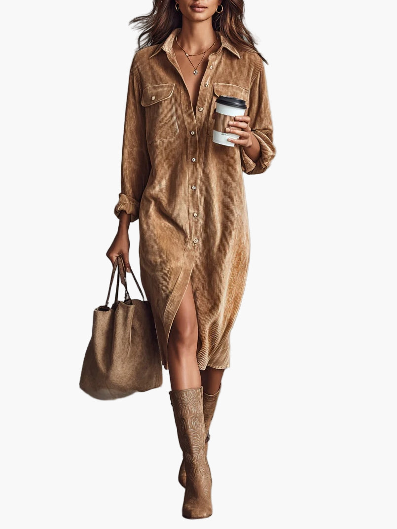 Women's Button-Down Shirt Dress Midi Casual Style
