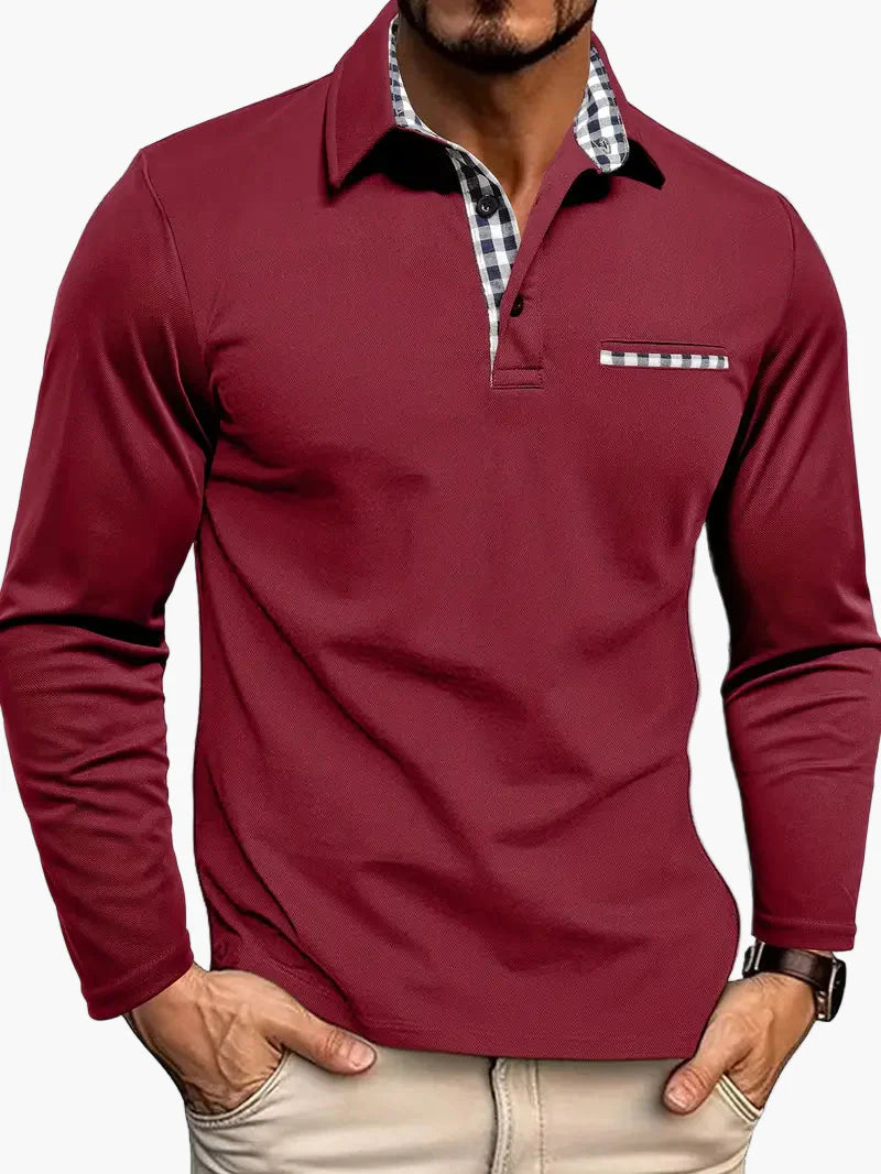 Men's Slim Fit Long Sleeve Polo Shirt with Plaid Accent – Casual & Smart Style