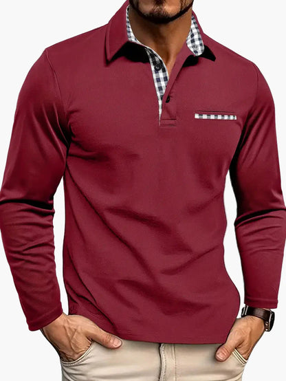 Men's Slim Fit Long Sleeve Polo Shirt with Plaid Accent – Casual & Smart Style