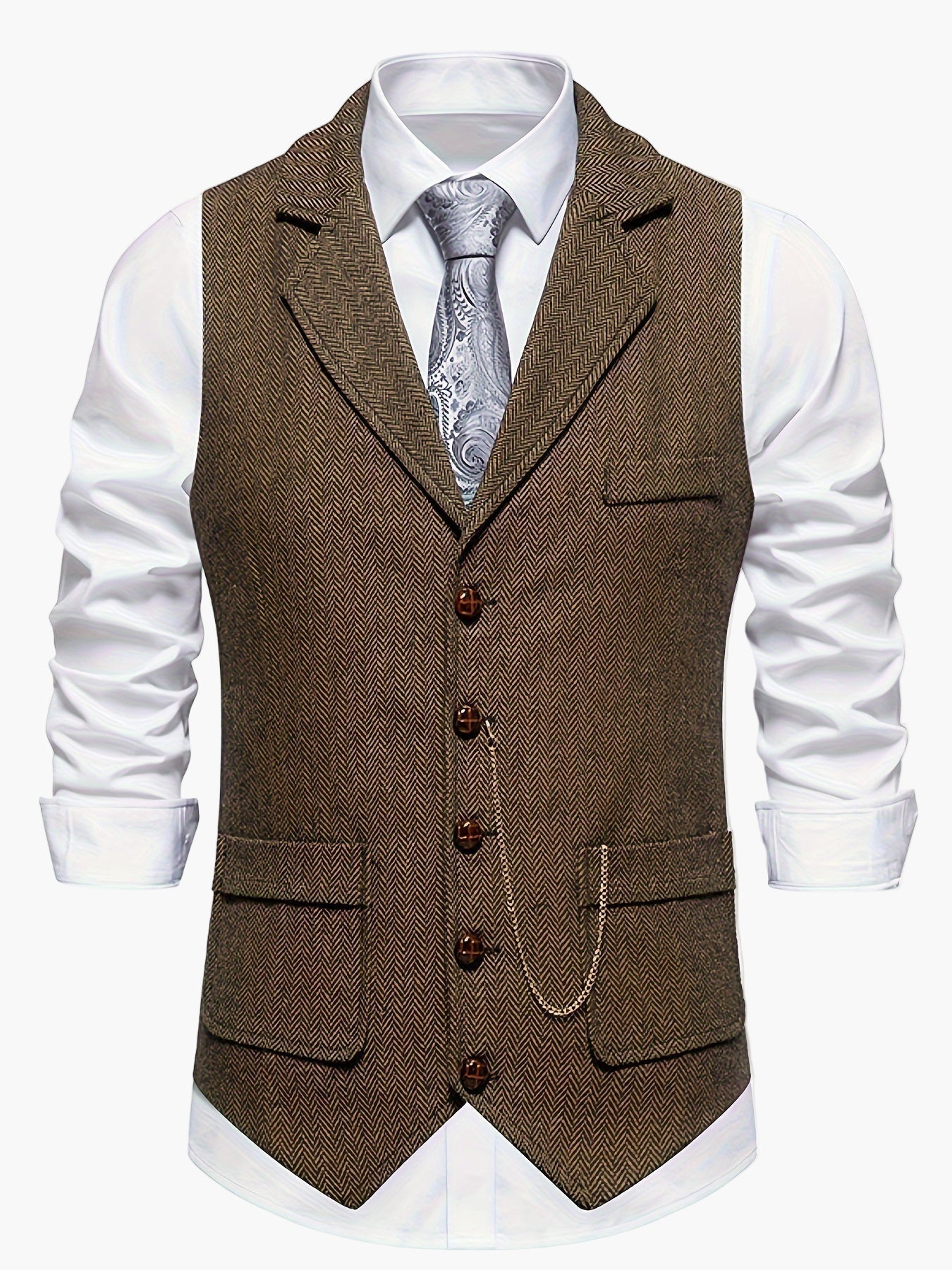 Men's Classic Herringbone Suit Vest with Notched Lapel – Formal & Vintage Style