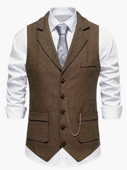 Men's Classic Herringbone Suit Vest with Notched Lapel – Formal & Vintage Style